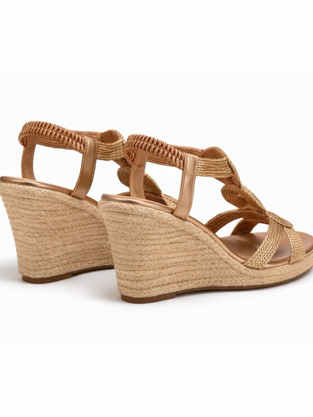 Gold Braided Espadrille Wedge Sandals Size 9 Metallic Platform Slingback - Picture 3 of 7